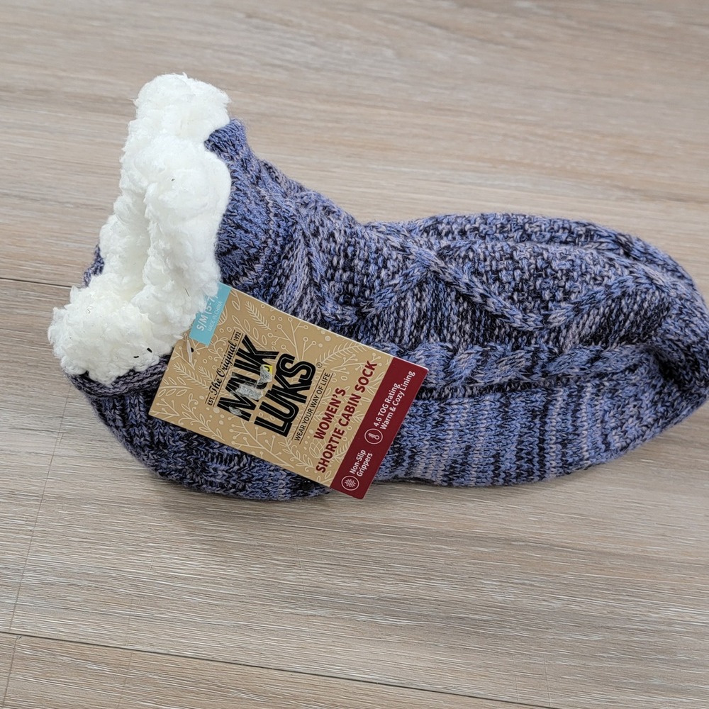 Muk Luks Womens Shortie Cabin Socks Blue Purple Cable Knit Slipper S/M 5-7 NEW